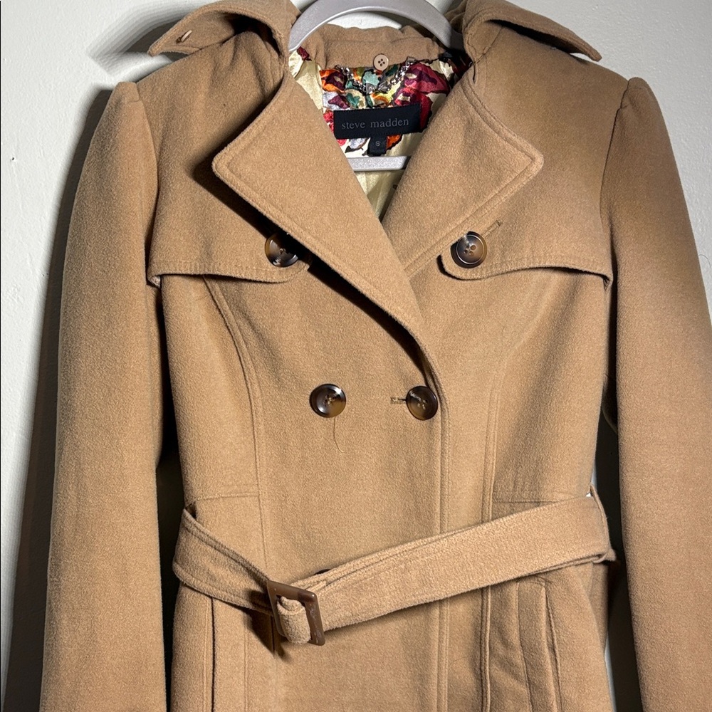 Steve Madden faux wool Women's Tan Double-Breasted winter trench coat S - Picture 3 of 8